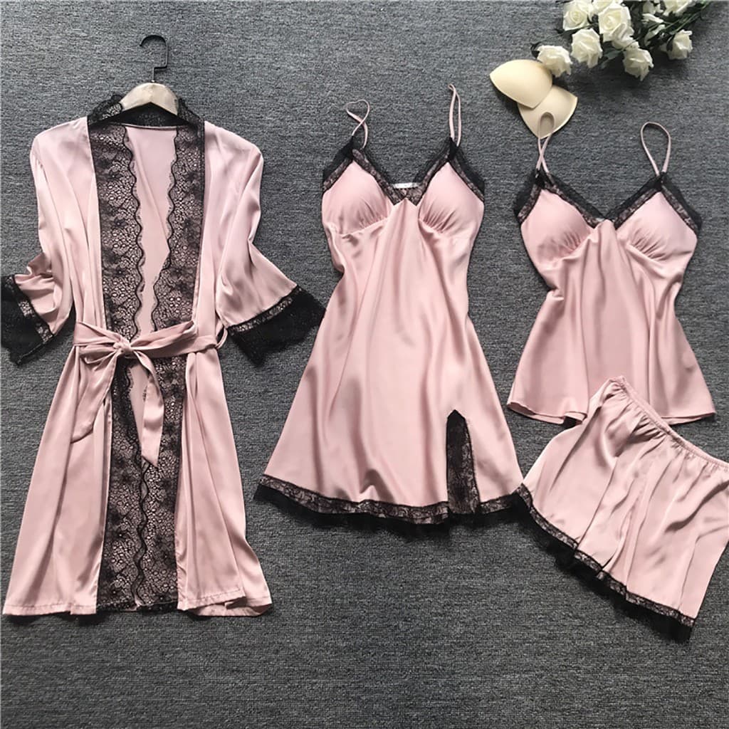 Cross border pajamas female sexy pajamas four piece Korean version suspender pajamas female home clothes with chest pad nightgown 2103