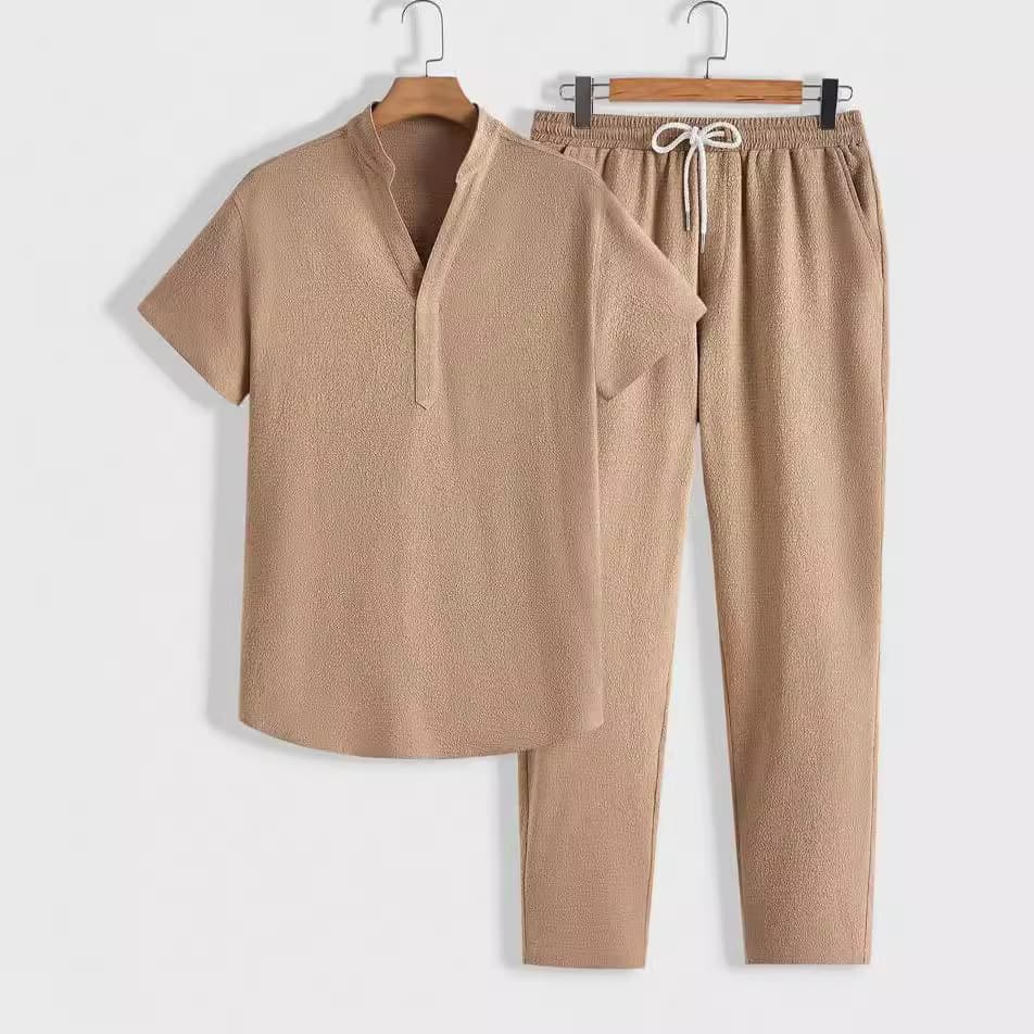 Men's Clothing Men's Casual Sports Suit Short Sleeve Long Pants Solid Color Men