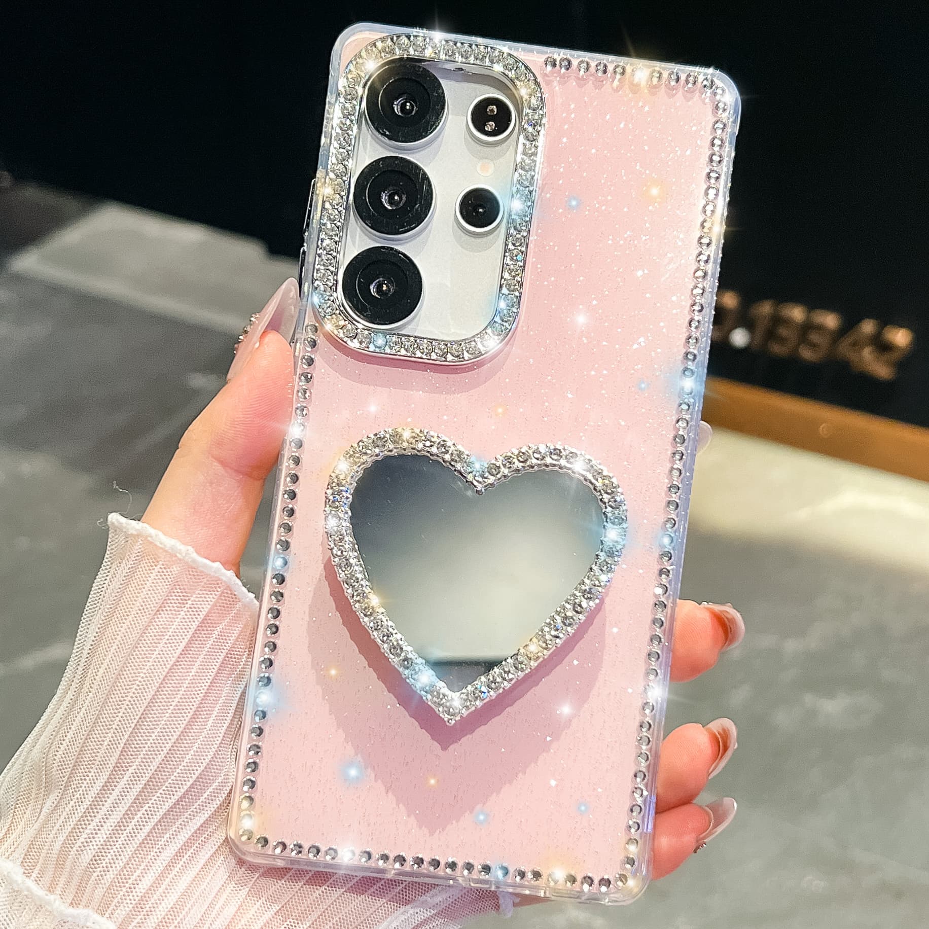 For Samsung Galaxy S24 S25 S26 Plus FE S23 Ultra A07 A17 A16 A36 A56 Luxury Love Heart Mirror Diamond Bling Holder Phone