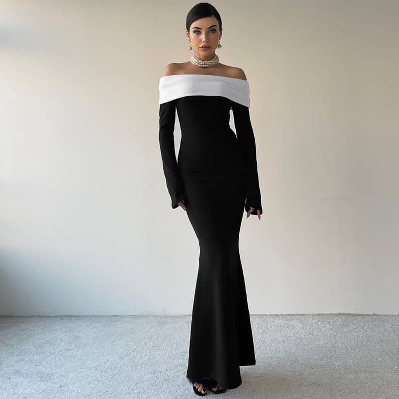 Women's Fashion Classic Contrast Color Stacked Chest-Wrapped Long-Sleeved Slim Fit Hip-Wrapped Long Dress