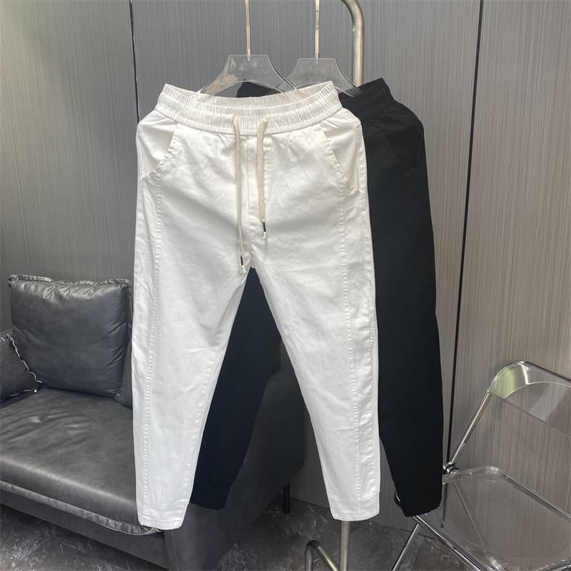 Men's Clothing Summer Thin Pants Men's Skinny Casual Jeans Solid Color All Match Trendy White Nine Point Cuff Pants Men