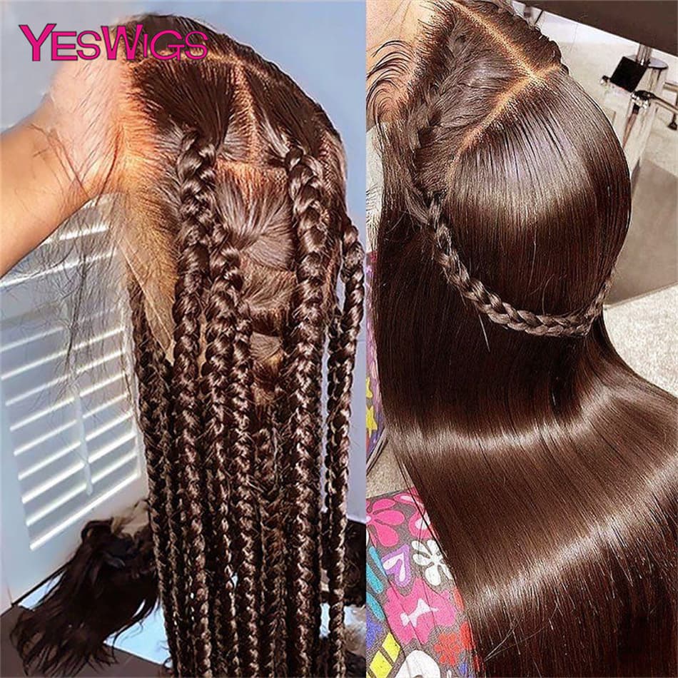 hot selling 13x6 Chocolate Brown Colored Front Human Hair HD Transparent Straight 360 Full Lace Frontal Wigs For Women Glueless