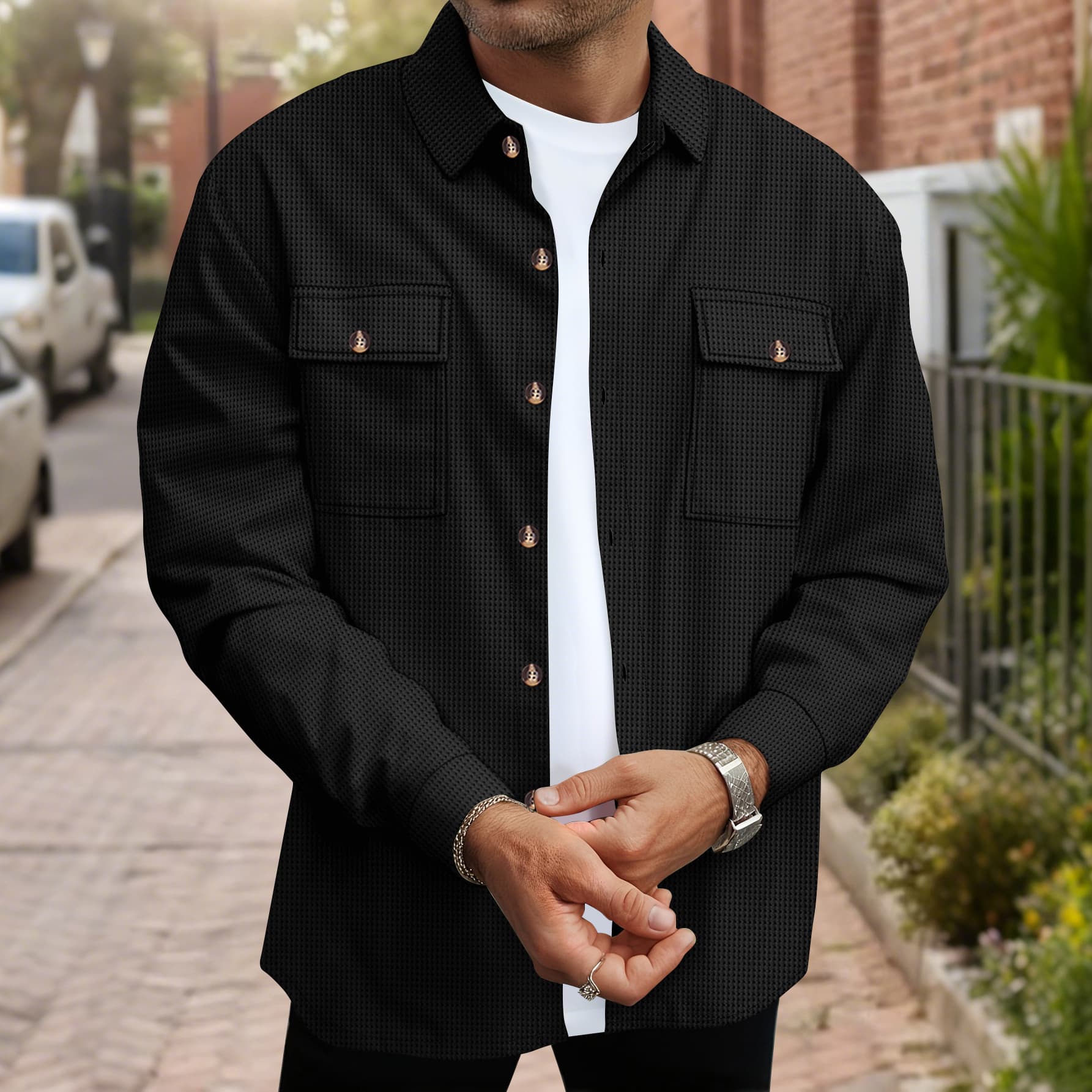 Cardigan gaufré à double poche et boutons pour homme, couleur unie, chemise décontractée à manches longues