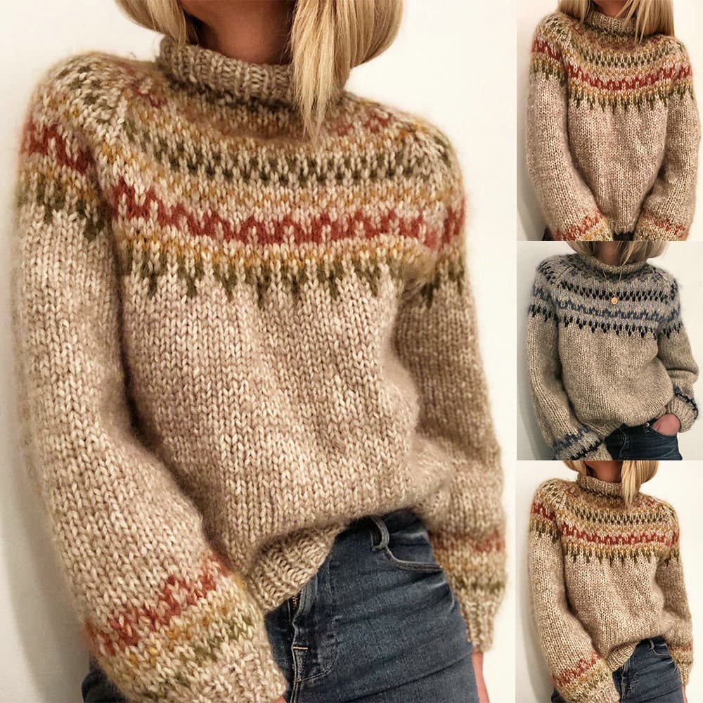 Women's Clothing Women's Winter Sweater Half Turtleneck Pullover Straight Tube Printed Neutral Style Sweater