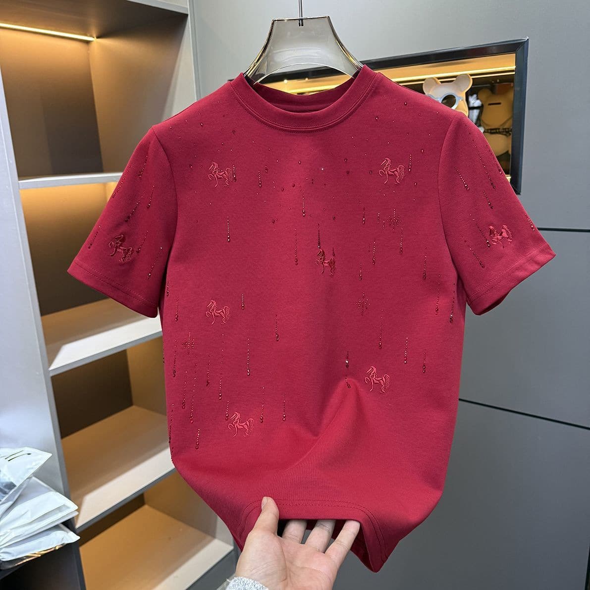 Summer New Men's Short Sleeve T-Shirt Embroidered Horse Pattern Rhinestones Trendy Light Luxury Heavy Embroidery Casual Base Layer