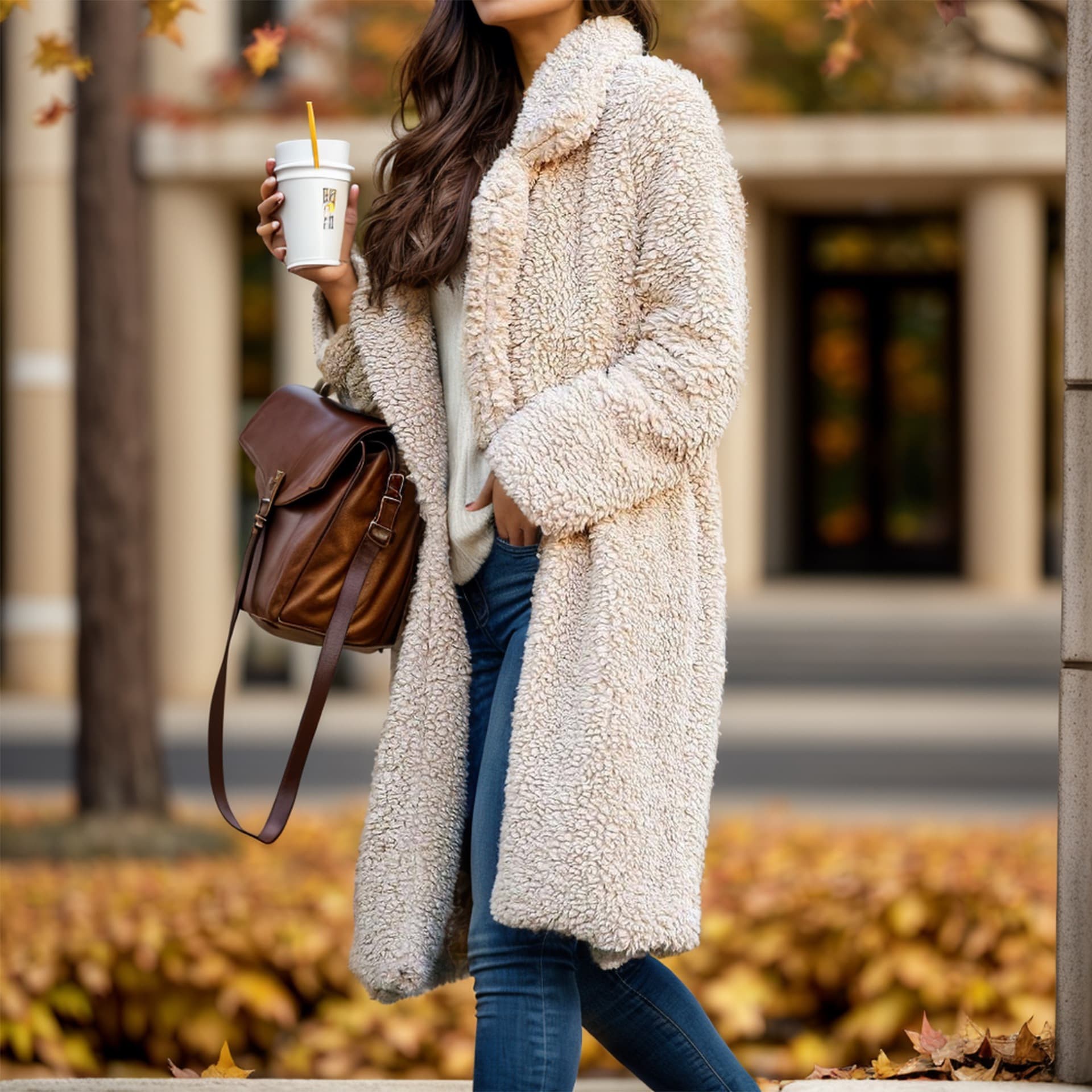 Women's Clothing long sleeved lapel women's plush tops, extended coats, lambskin double faced fleece