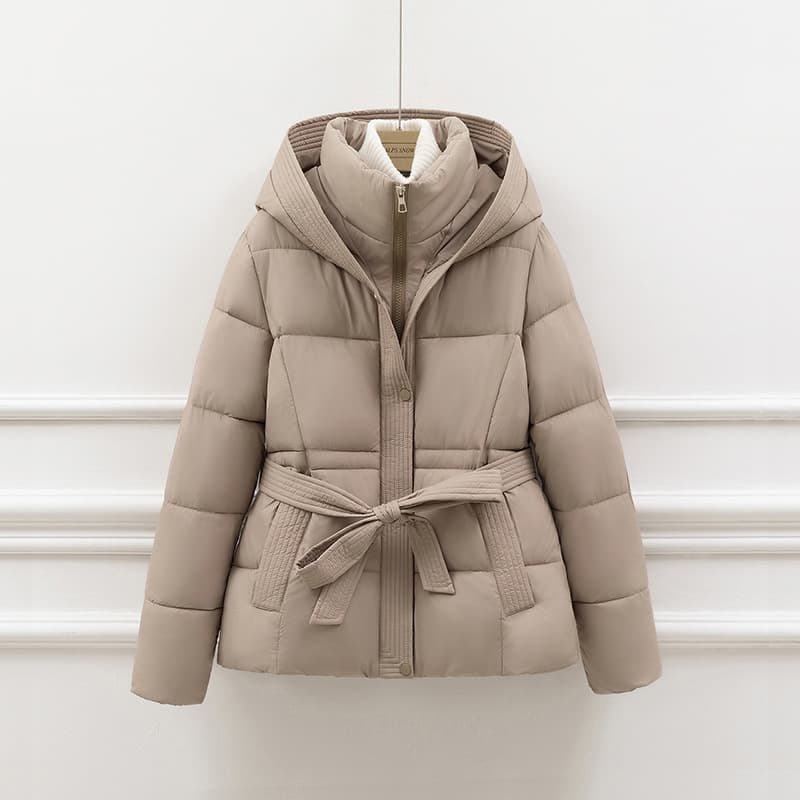 Fashionable Style Thickened Winter Coat For Women, Short Hooded Jacket With Waist Tie, Slim Fit, Warm & Stylish Outerwear