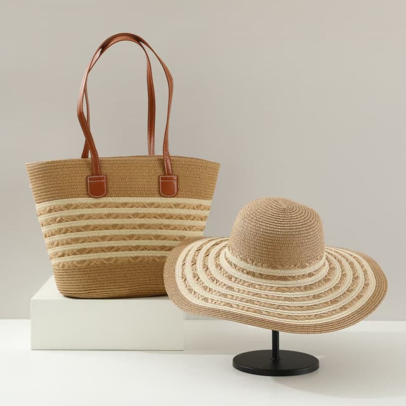 Women's Bags Straw Hat Five Strand Braided Straw Bag Two Piece Set Sun Hat Large Capacity Tote Bag Set Classic Woven Bag