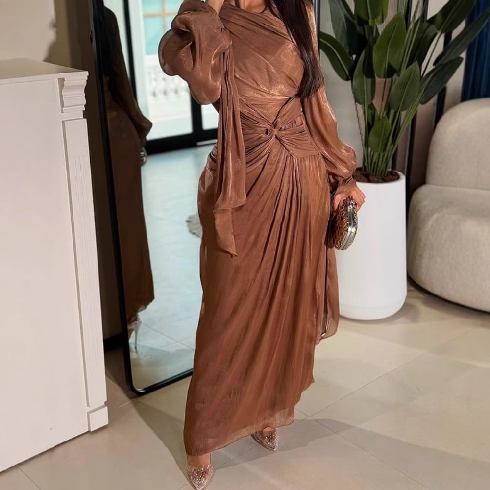 Women's Wear Pleated Ribbon Shiny Evening Dress