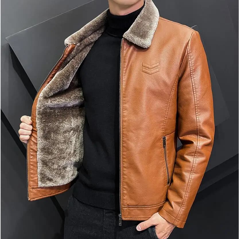Winter Fashion Warmth Thickened Leather Jacket Lapel Solid Zipper Design Plus Size Men's Leather Jacket Bomber Fleece Coat