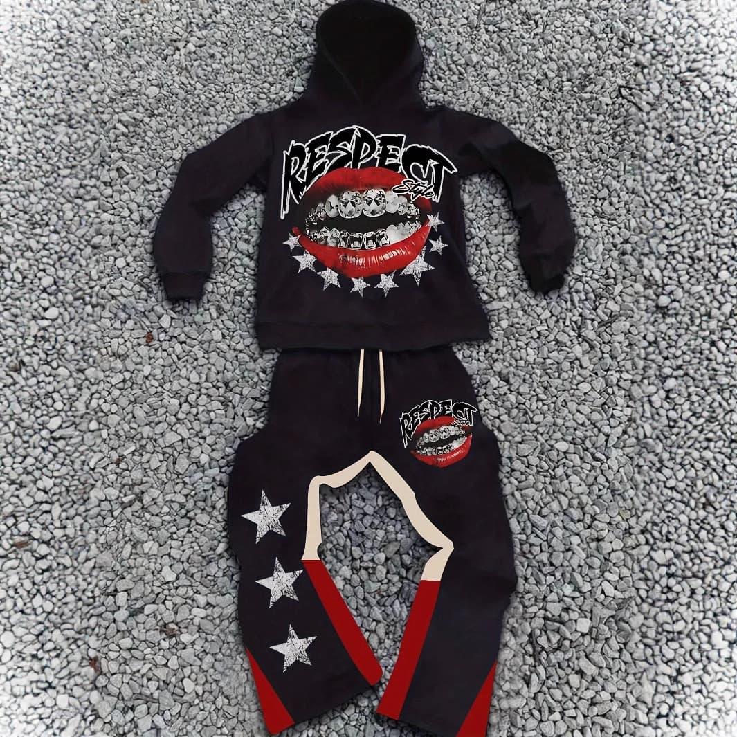 Men's Clothing Men's Street Black Hooded Sweatshirt Flared Pants Suit Red Lips And Diamond Teeth
