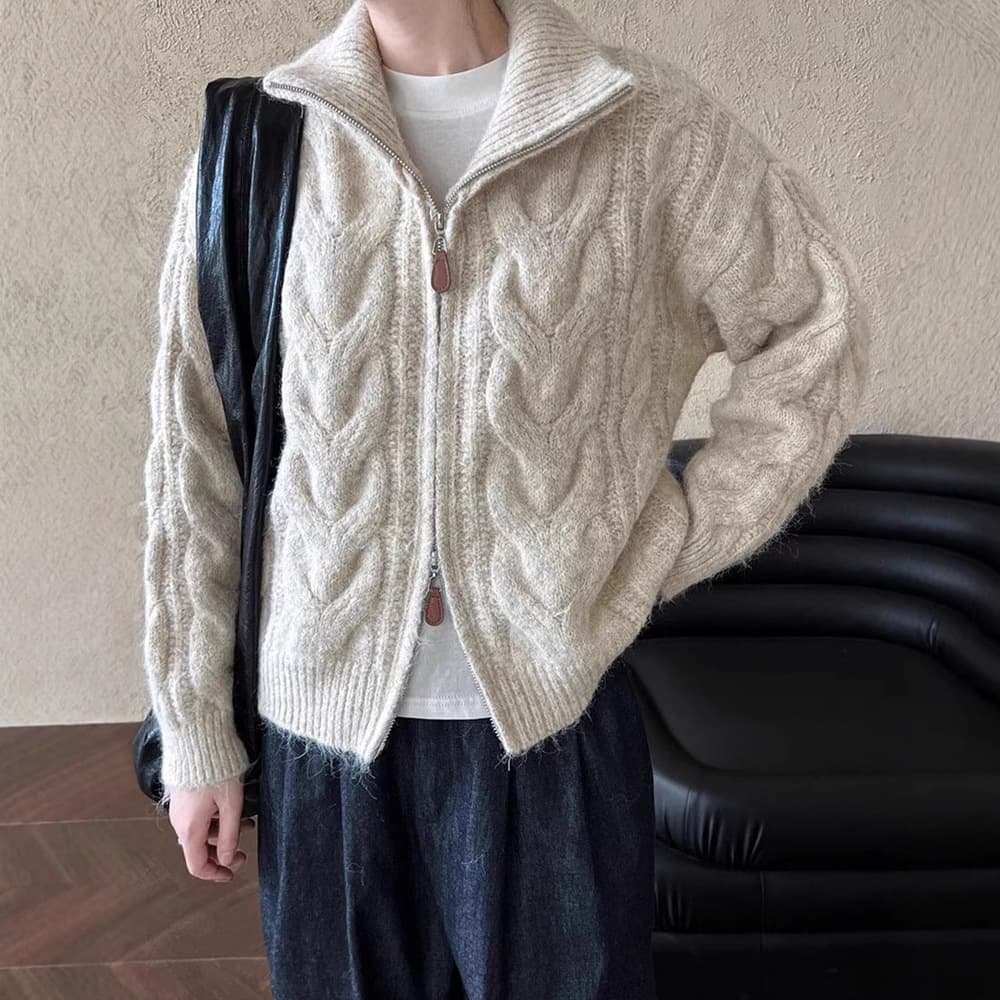 ​​Cozy Oversized Cable Knit Cardigan For Women - Winter Lazy Style Zip-Up Sweater With Shawl Collar, Casual Korean Loose Fit​