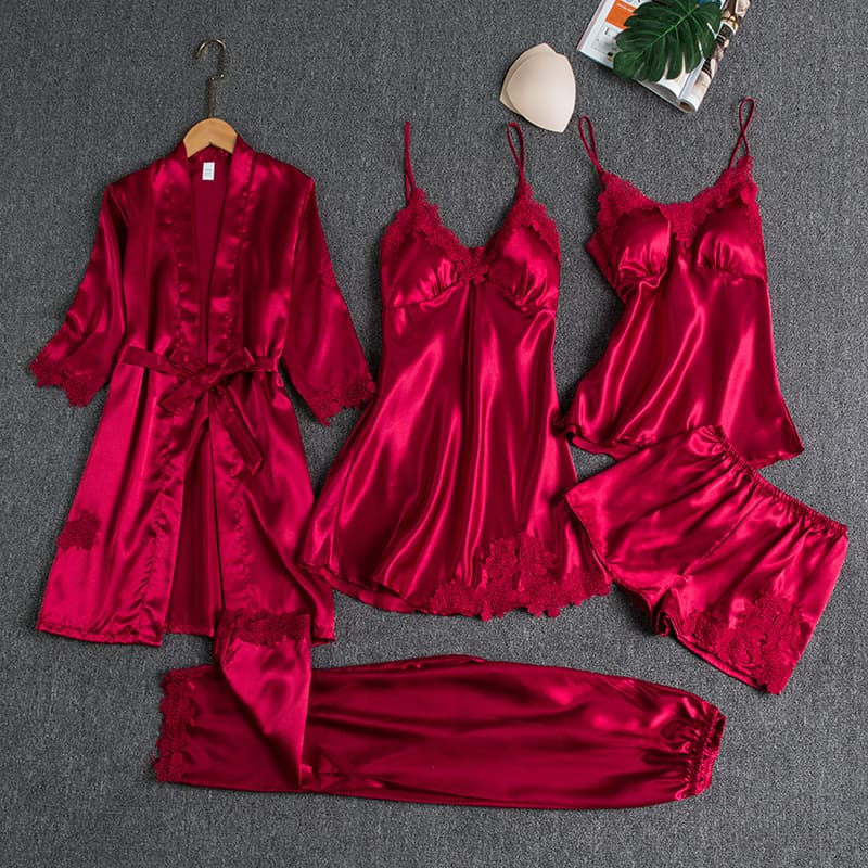 Underwear & Sleepwears Pajamas Ice Silk Sexy Hot Home Clothes Long Sleeve Thin Five Piece Suit Bathrobe