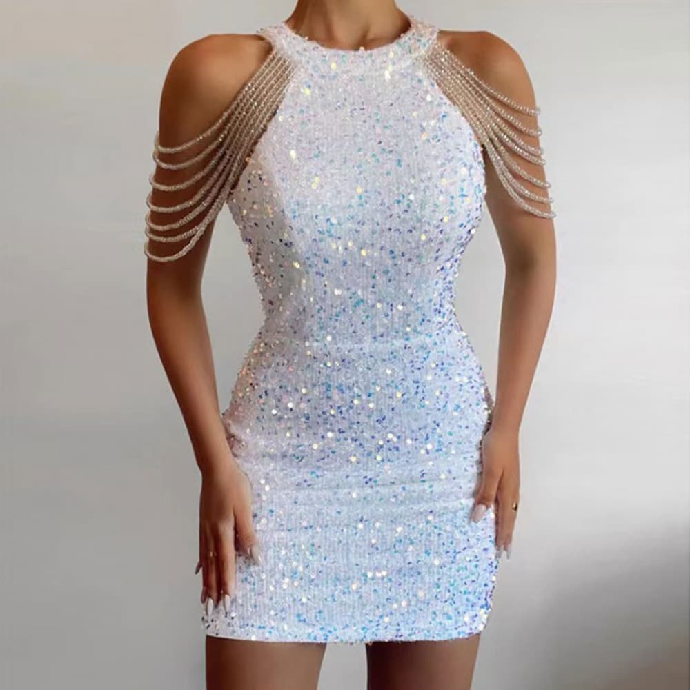 Spring and summer halterneck sexy crystal tassel hip-covering sequin dress mid-waist evening dress