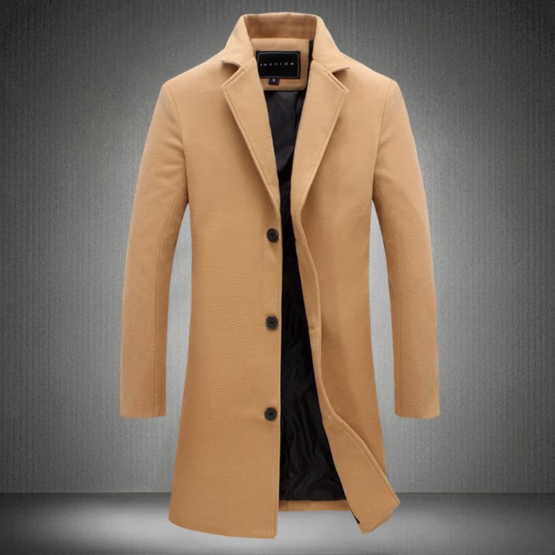 ​​Men’s Slim-Fit Wool-Blend Trench Coat, Long-Length Casual Overcoat With Multi-Pocket Design, Lightweight Polyester-Cotton Blend,