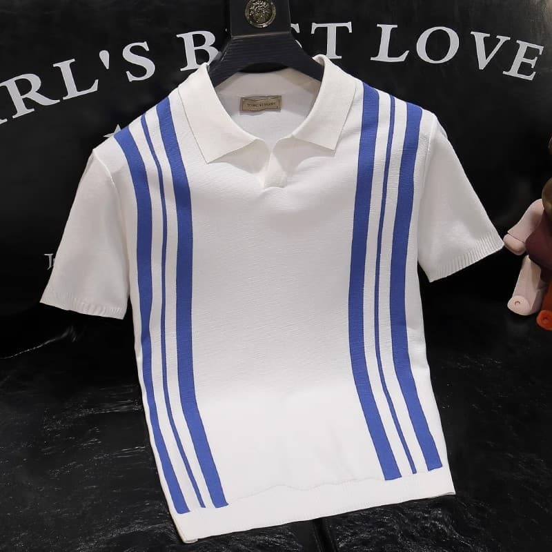 Men's Clothing Summer New Vertical Striped Polo Shirt Knitted Sweater Short Sleeved Slim Fit Business Lapel T Shirt