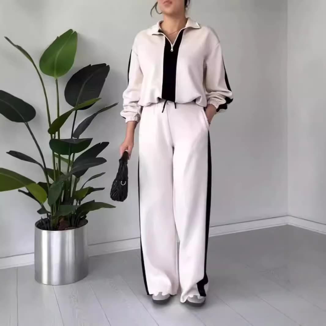 Women’s Clothing Autumn and Winter Casual Fashion Colorblock Zipper Lapel Long Sleeve Top and Pants Two piece Set