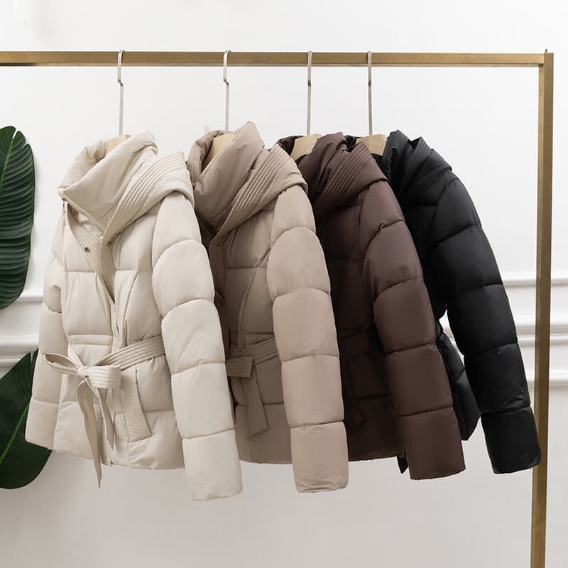 Women's Clothing Thickened Cotton Coat For Women Short Style Waist Slim Fit Hooded Lace Up Warm Coat