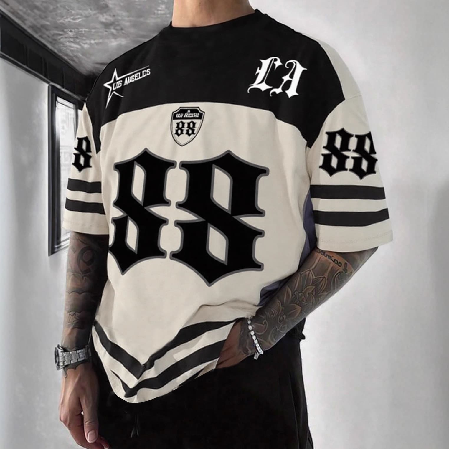 Men's Clothing Summer American Street Style Color Blocked Short Sleeved Los Angeles No. 88 Number Print Trendy Fashion T Shirt