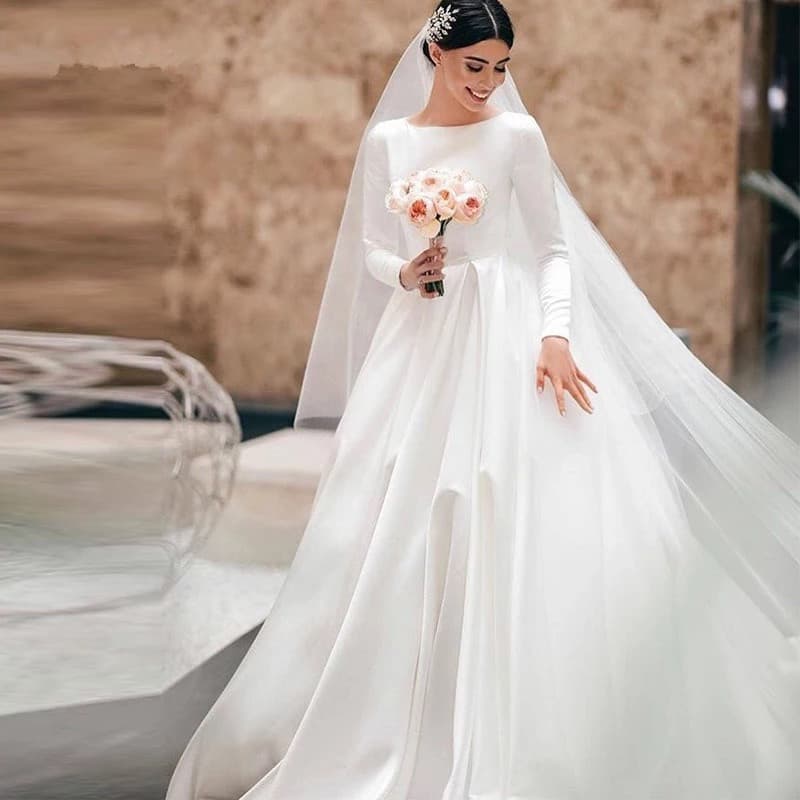 Elegant Satin Long Sleeve Round Neck Wedding Dress With Train, Vintage-Inspired A-Line Bridal Gown For Classic Brides