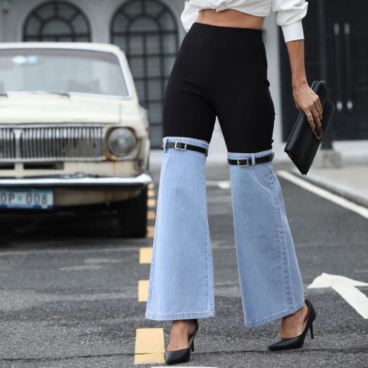 Women's fashionable slim knitted denim spliced elastic waist wide leg casual pants temperament commuting large size outfit
