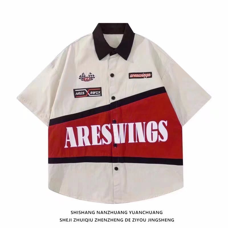 Men's Clothing retro hiphop street racing suit shirt men's short-sleeved summer loose ins trendy motorcycle thin shirt