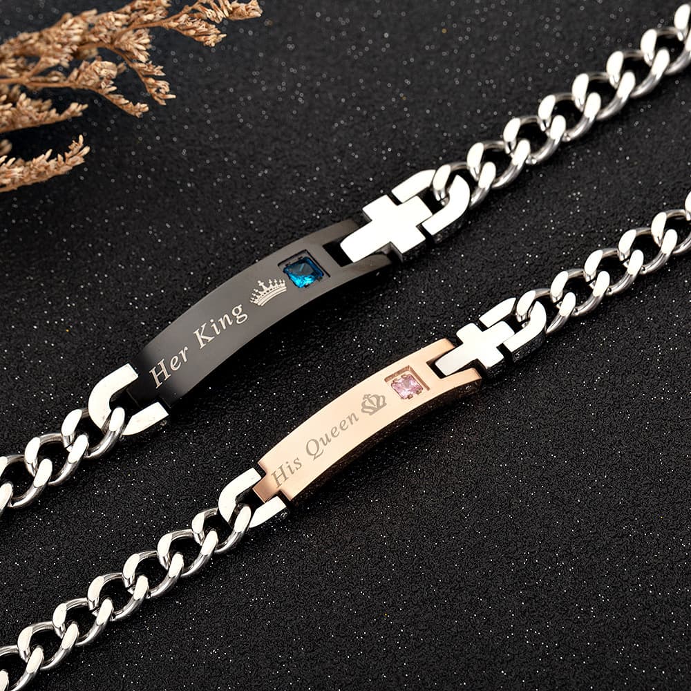 Explosive Titanium Steel Zircon Couple Bracelet KING QUEEN Crown Bracelet