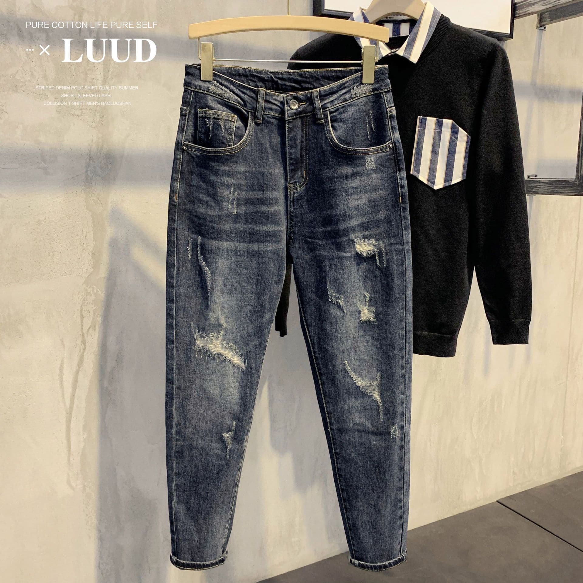 Men's Clothing Washed Blue Jeans For Men Trendy Ripped Patches Slim Fit Slim Fitting Versatile Trendy Trousers