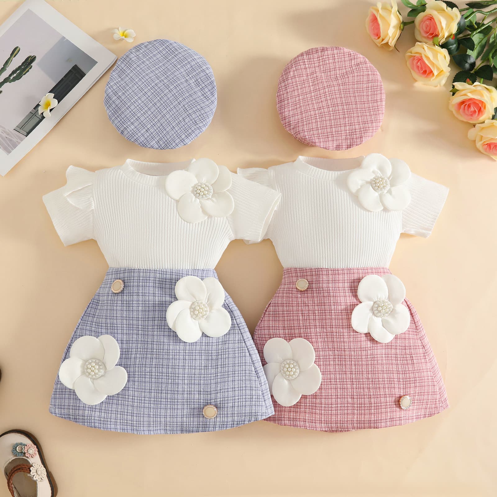 2026 Summer Sweet Fashionable Baby Girl Outfit: Round Neck Appliqué Short Sleeve Ribbed Top, Floral Button Skirt, And
