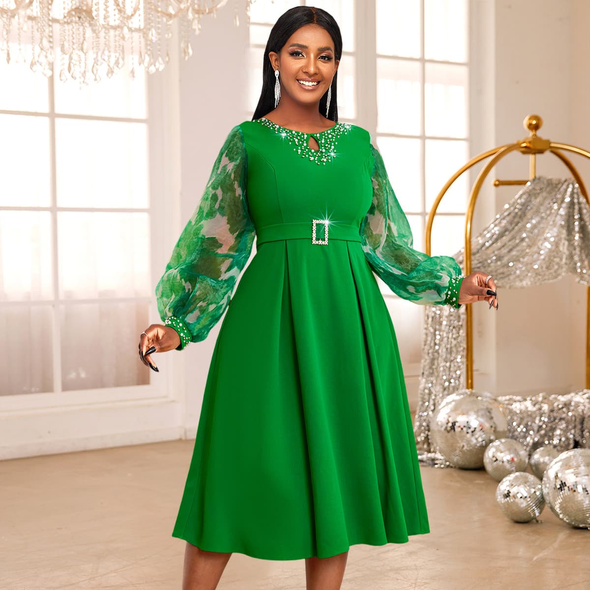 Women's Clothing round neck lantern sleeve A line skirt commuter party fashion robe evening dress