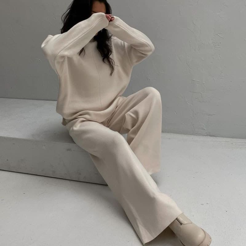 Women's fashion loose casual sweater knitted top pant suit