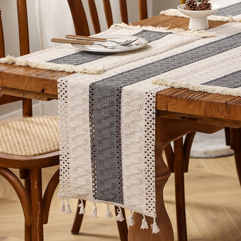 Cotton And Linen Table Runner Stitching Woven Tassel Ethnic Style Table Mat Festival Decoration Knitted Hollow Cover Cloth Light Luxury High End