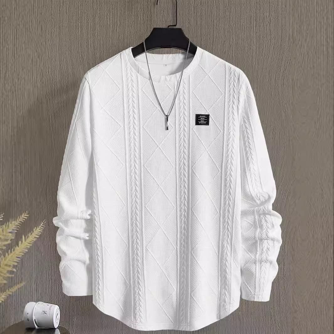 Men's Clothing New autumn and winter men's letter patch chest details casual loose round neck pullover long sleeve white sweatshirt