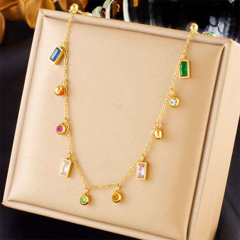 European and American fashion niche simple color rhinestone geometric pendant chain gold-plated titanium steel jewelry necklace