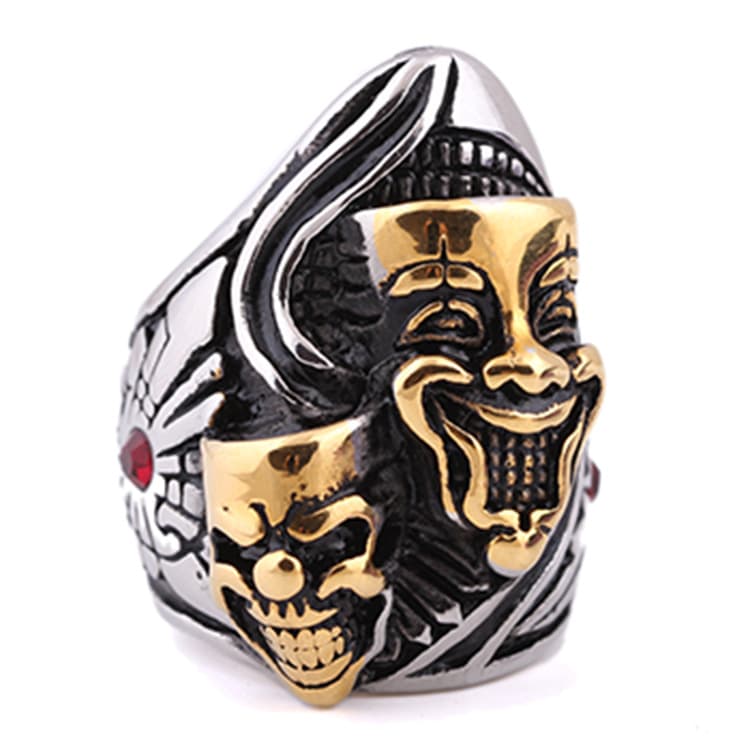 European and American retro punk titanium steel ghost face clown smile skull ring Double Ghost domineering ring men's jewelry