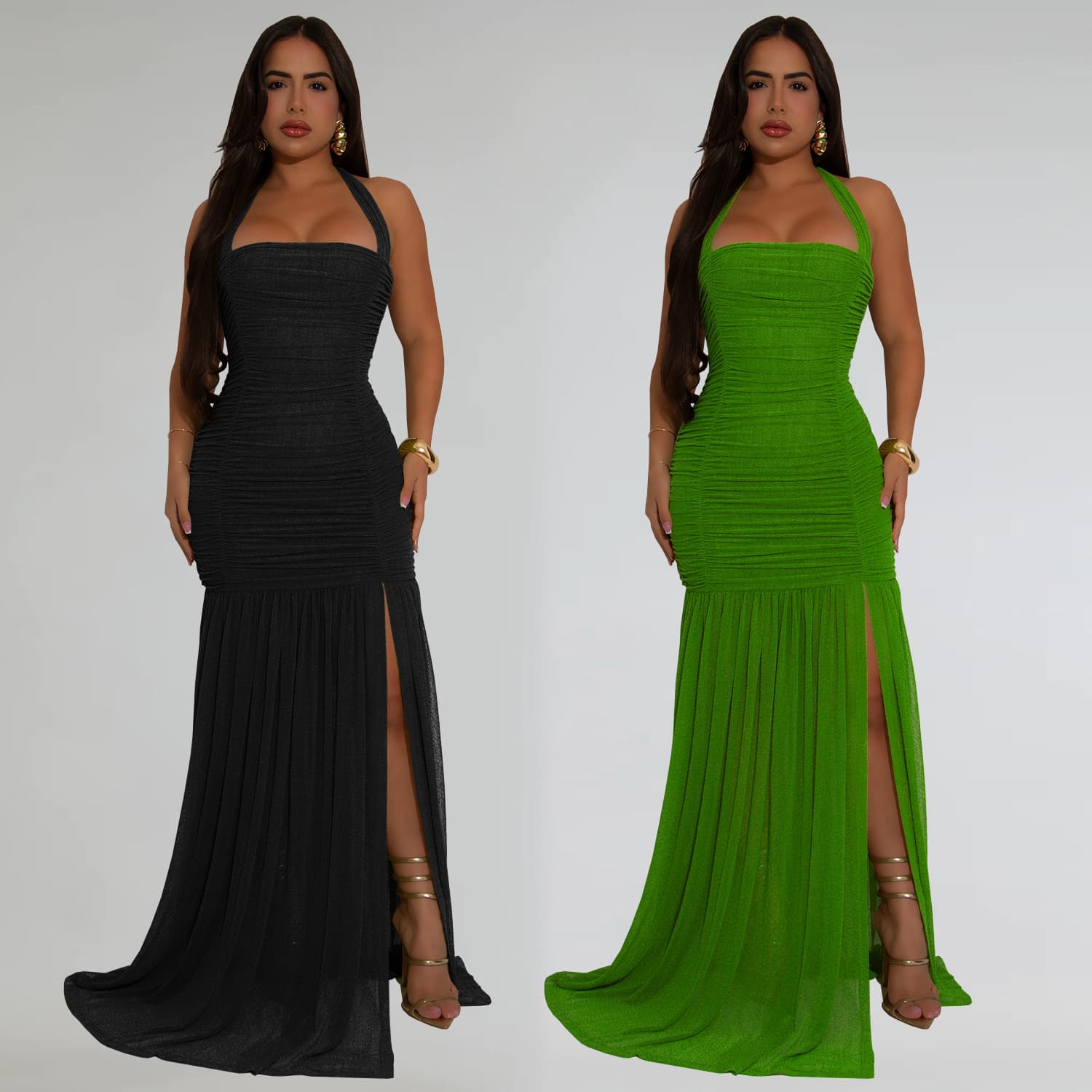 Women's Clothing Summer Mesh Sexy Slit Solid Color Dress