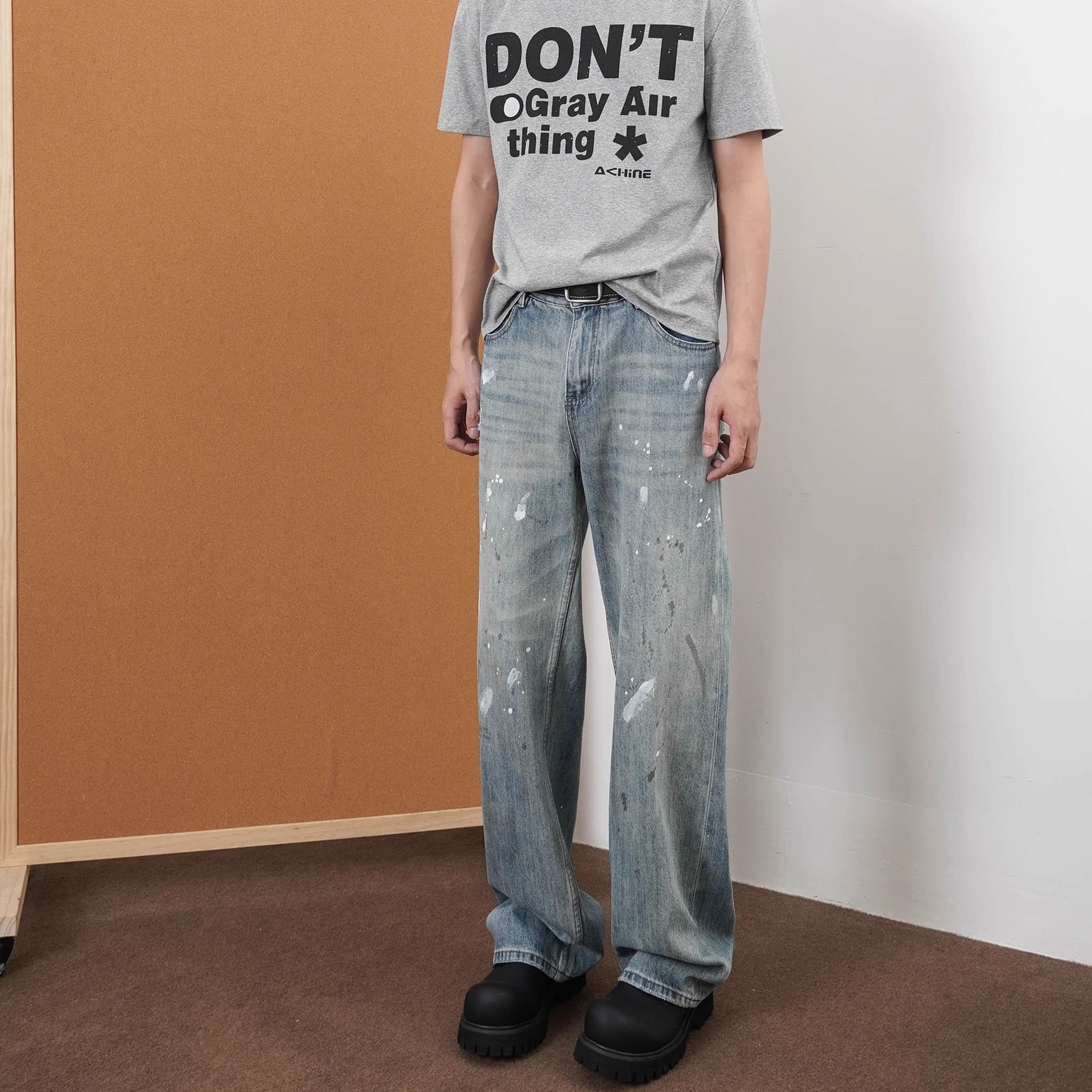 Men's Clothing High Street Cleanfit Old Ink Splashed Jeans For Men And Women Loose Straight Casual Niche Retro Pants Trend