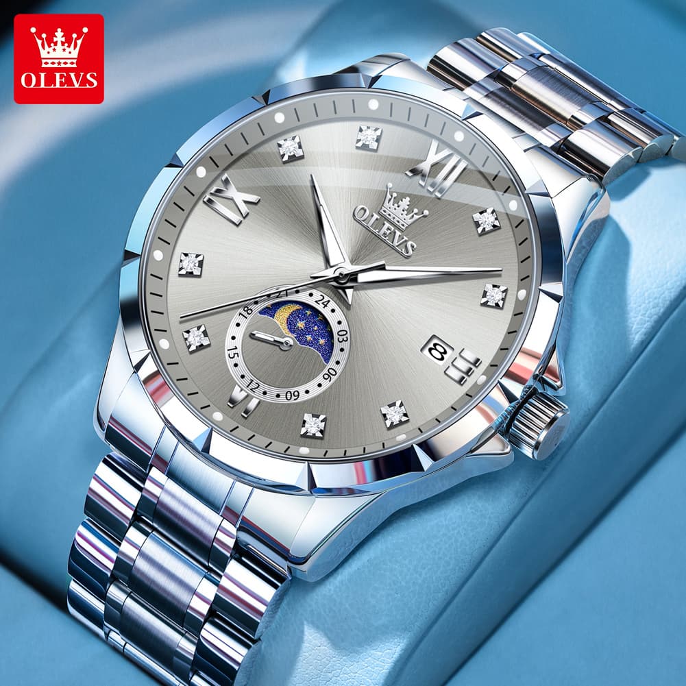 Mens Watch Business Original Quartz Watch Large Dial Waterproof Luminous Automatic Date Moon Phase Watches For Man