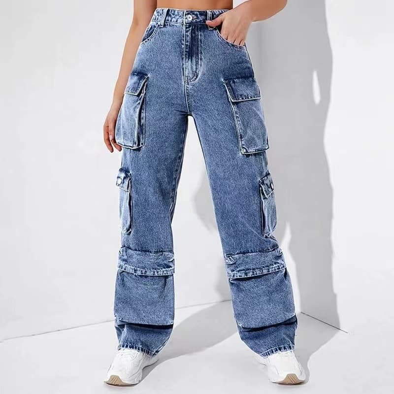 Women's Clothing Source Manufacturer Women's Jeans Cargo Pants High Waist Flap Pockets Women's Pants Loose Fit Women's Pants