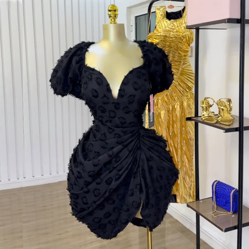 ​​Women's Sexy V-Neck Puff Sleeve High Waist Ruffle Mini Dress - Summer Bodycon Short Dress In Black & Ivory (S-2xl)​​