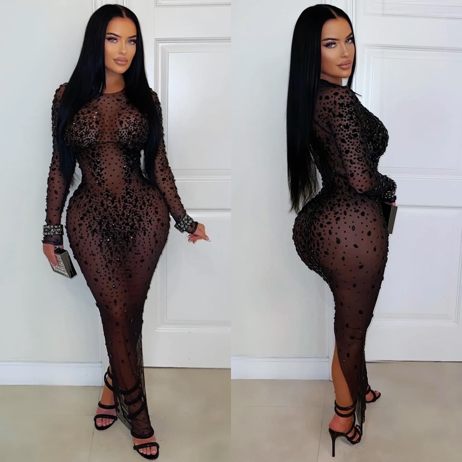 Women’s Sexy Sheer Mesh Rhinestone Bodycon Dress – Long Sleeve Elegant Evening Dress For Parties & Special Occasions