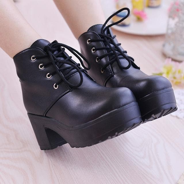 New Style 41 Large Size Ankle Short Chunky Martin Platform Lace-up Thick Sole Women's High Heel Single Boots