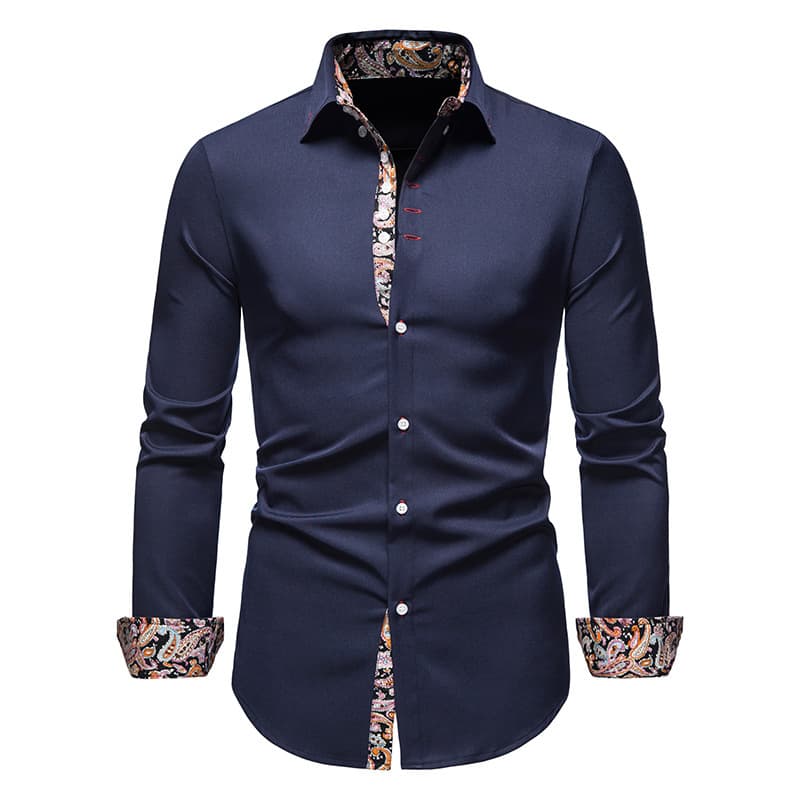 Men's clothing long-sleeved shirtsyouth casual lapel slim fit color-blocked shirts