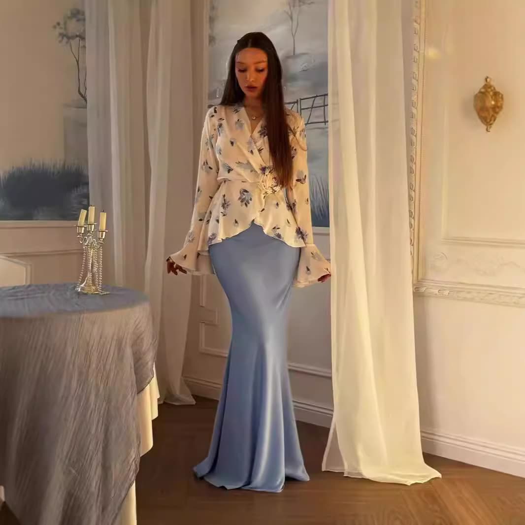 Muslim Dress Women Elegant Satin Floral Top & Mermaid Tail Skirt Set – Long Sleeve, Ruffled Hem, Blue Floral Print (S-Xxl)​