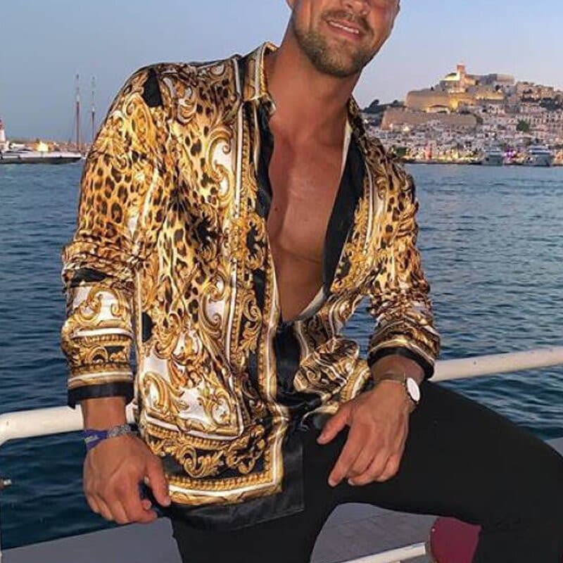 autumn new men's long-sleeved shirt casual leopard court floral print top tide