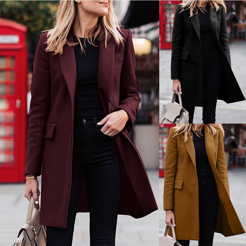 Women's Clothing medium length buttoned solid color woolen women's coat