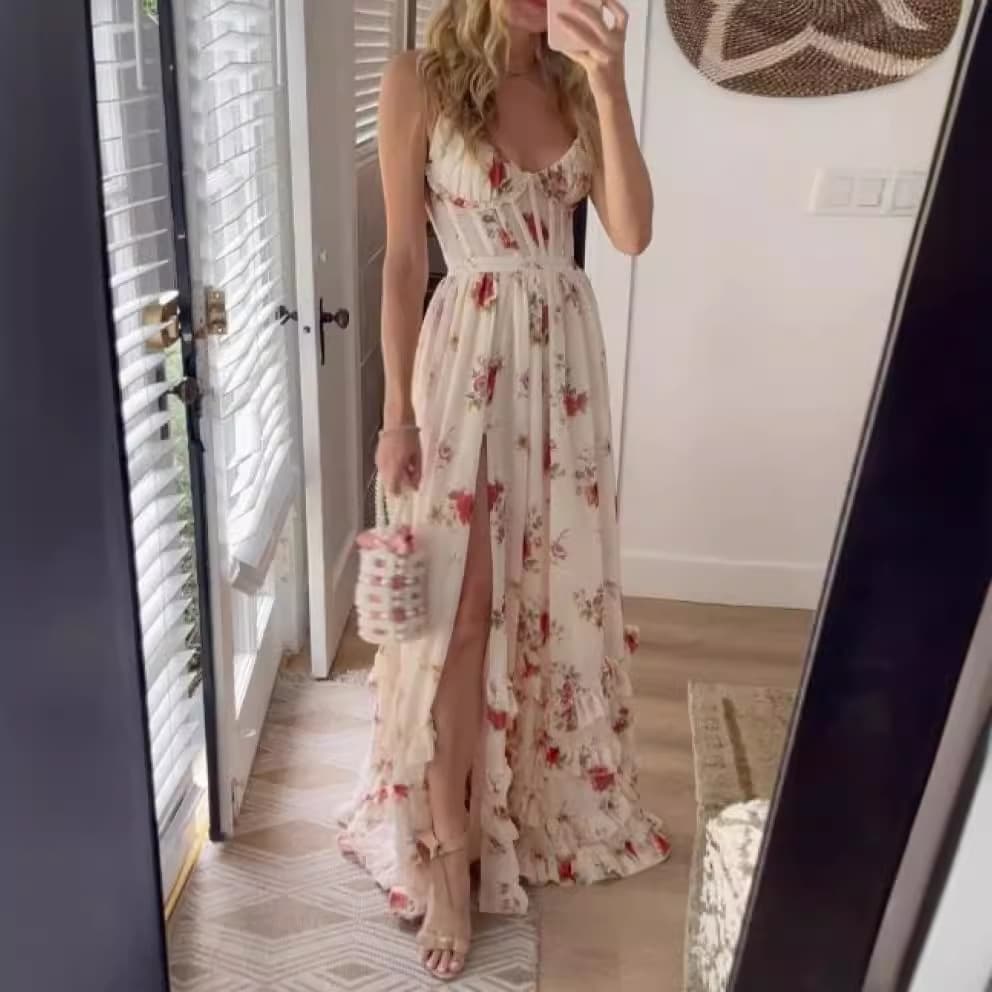 Women's Clothing Wrap Chest Print Dress Seaside Holiday Dress