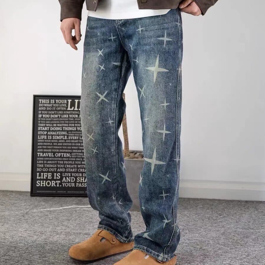 Men's American Streetwear Printed Denim Pants – Loose Straight Fit, Vintage Washed, Trendy & Edgy (Size 28-36)​