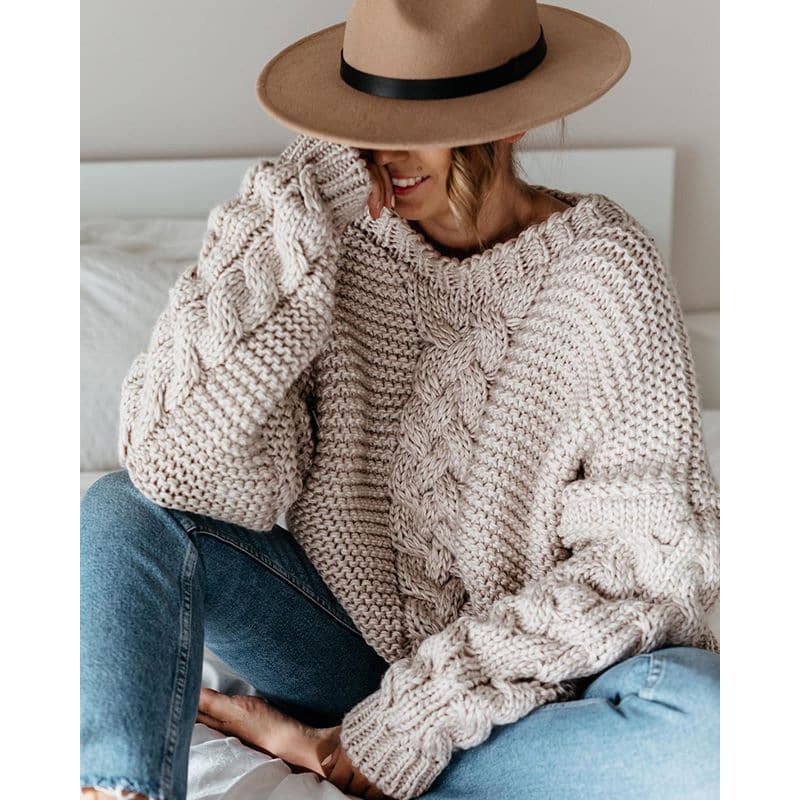 Women's Solid Color Pullover V-neck Twist Loose Sweater Casual Knitwear