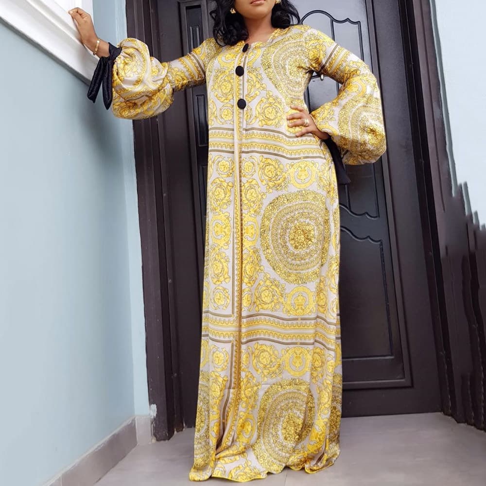 Women's Digital Soft Round Neck Single-breasted Lantern Sleeve Loose Dress Long Skirt